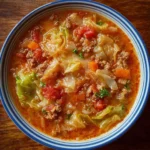 Bowl of delicious cabbage roll soup topped with herbs and served with bread