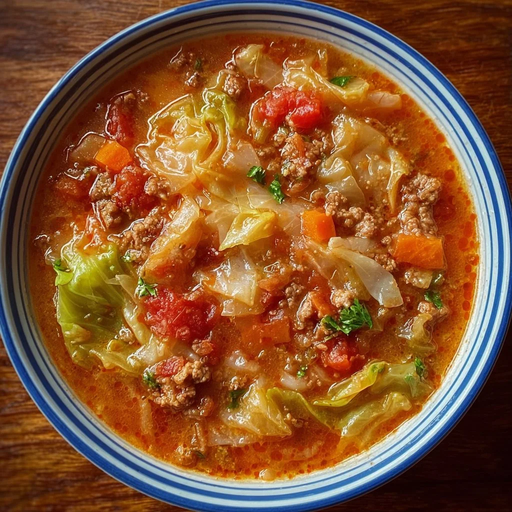 Bowl of delicious cabbage roll soup topped with herbs and served with bread