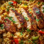 Delicious plate of Cajun Chicken and Rice garnished with herbs
