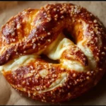 Delicious cheese stuffed pretzel ready to be served.