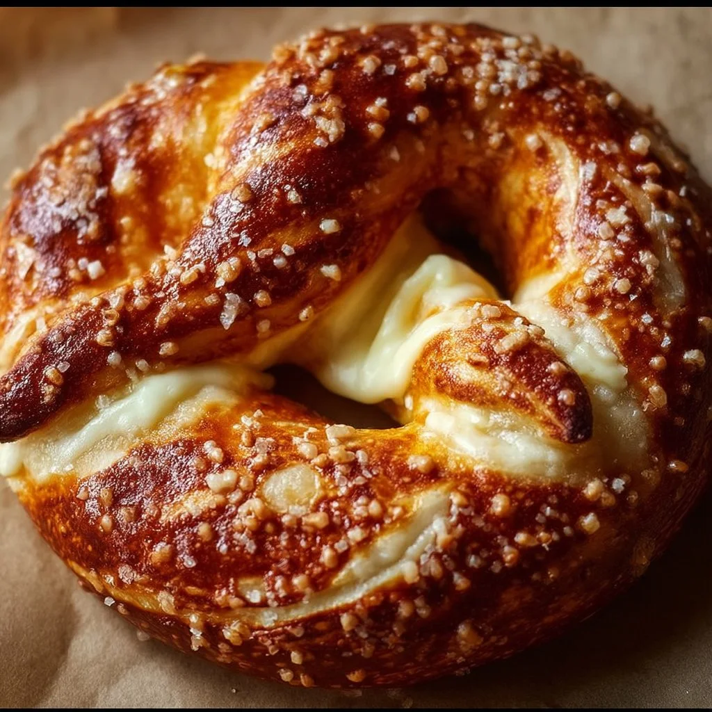 Delicious cheese stuffed pretzel ready to be served.