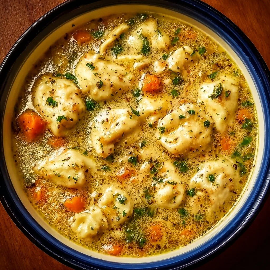 Bowl of delicious chicken dumpling soup with fresh herbs and vegetables