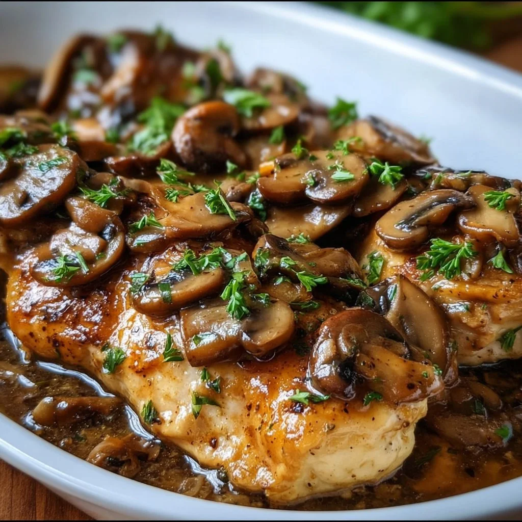 Plate of Chicken Marsala with mushrooms and sauce