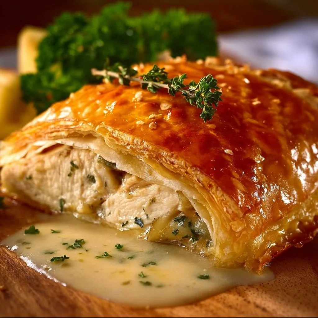 Delicious Chicken Wellington served with a side salad and sauce.