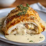 Delicious Chicken Wellington with Dijon cream sauce on a plate ready to serve