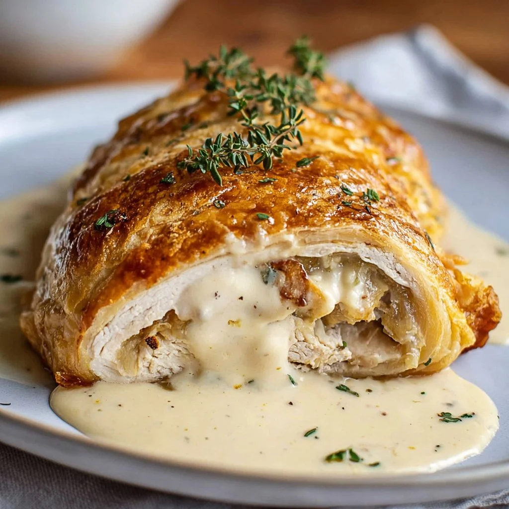 Delicious Chicken Wellington with Dijon cream sauce on a plate ready to serve