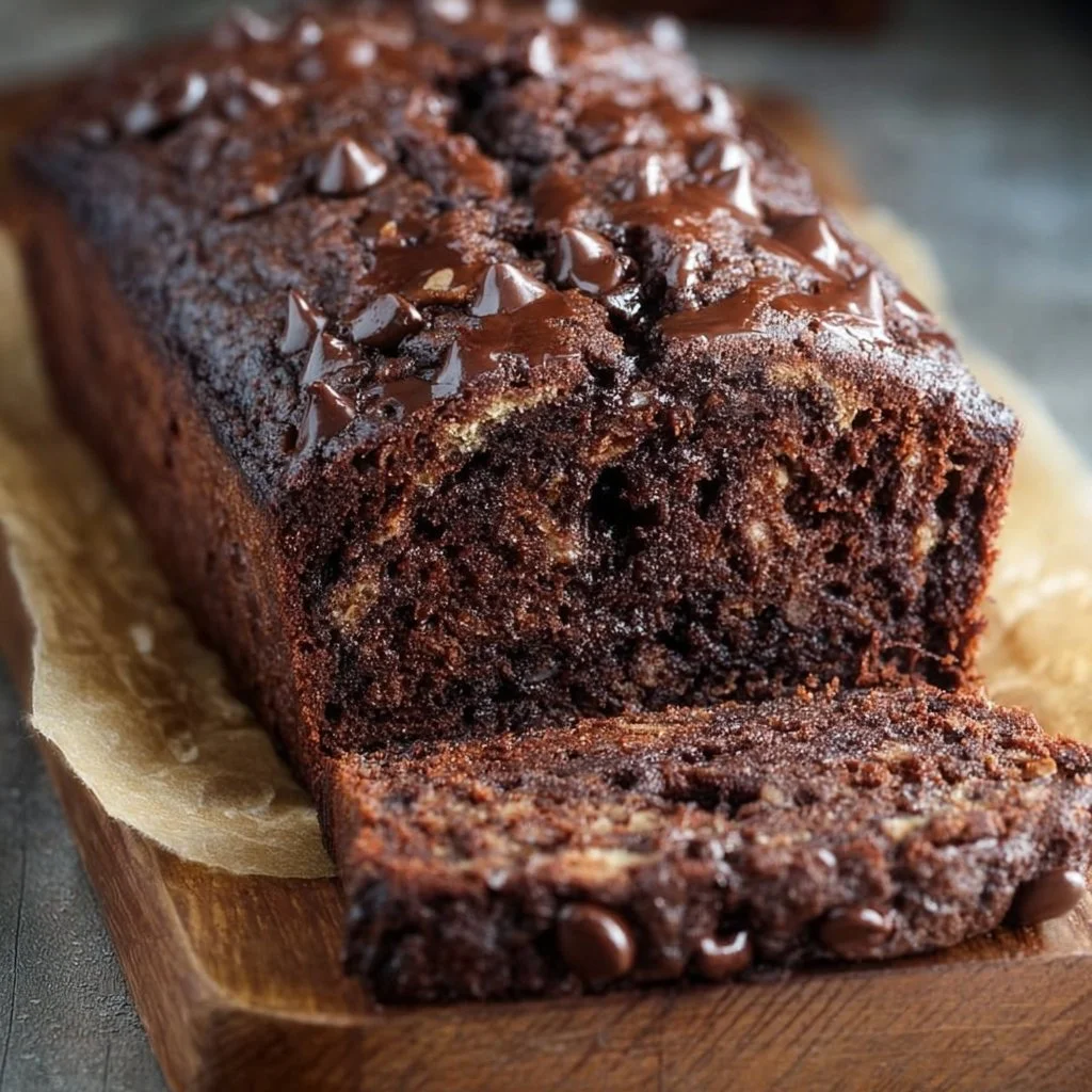 Delicious slice of Chocolate Banana Bread with chocolate chips and banana slices