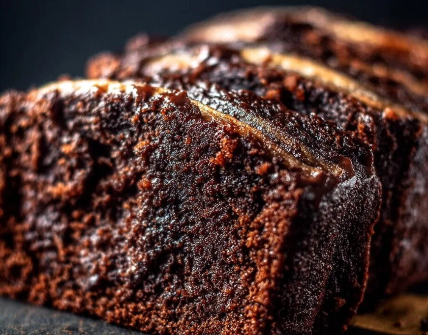 Loaf of rich Chocolate Espresso Banana Bread on a wooden cutting board