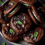 Batch of Chocolate Mint Oreo Cookies on a plate with mint leaves