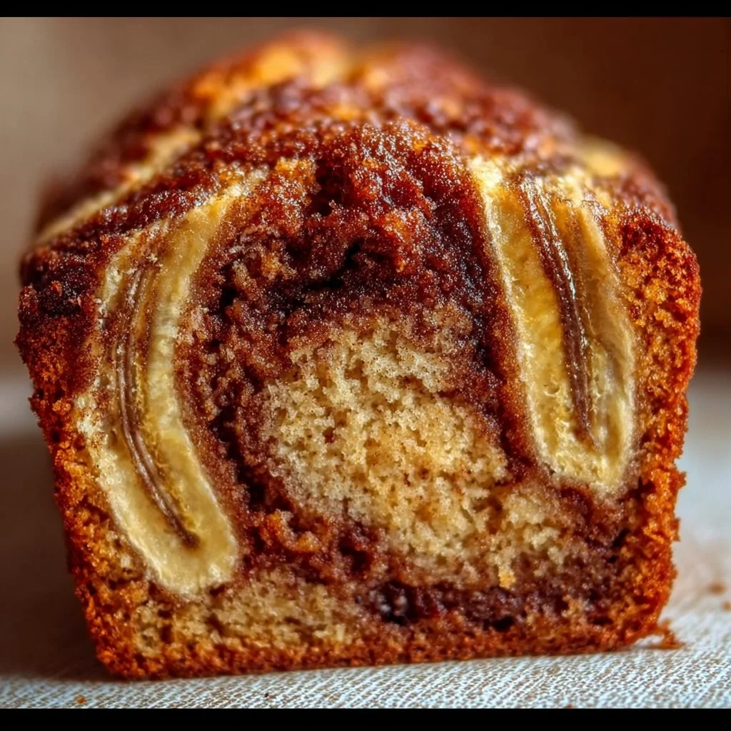 Cinnamon Swirl Banana Bread slice on a plate with a cinnamon sprinkle