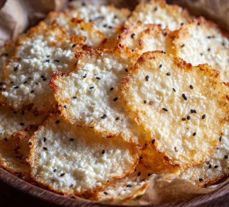 Bowl of crunchy cottage cheese chips, a high-protein snack option.