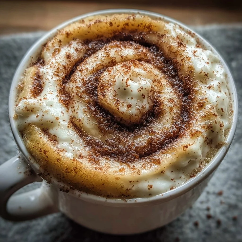 Cottage cheese cinnamon roll mug cake served in a white mug with cinnamon and icing
