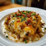 Delicious Cowboy Casserole served in a rustic dish, perfect for a hearty meal.