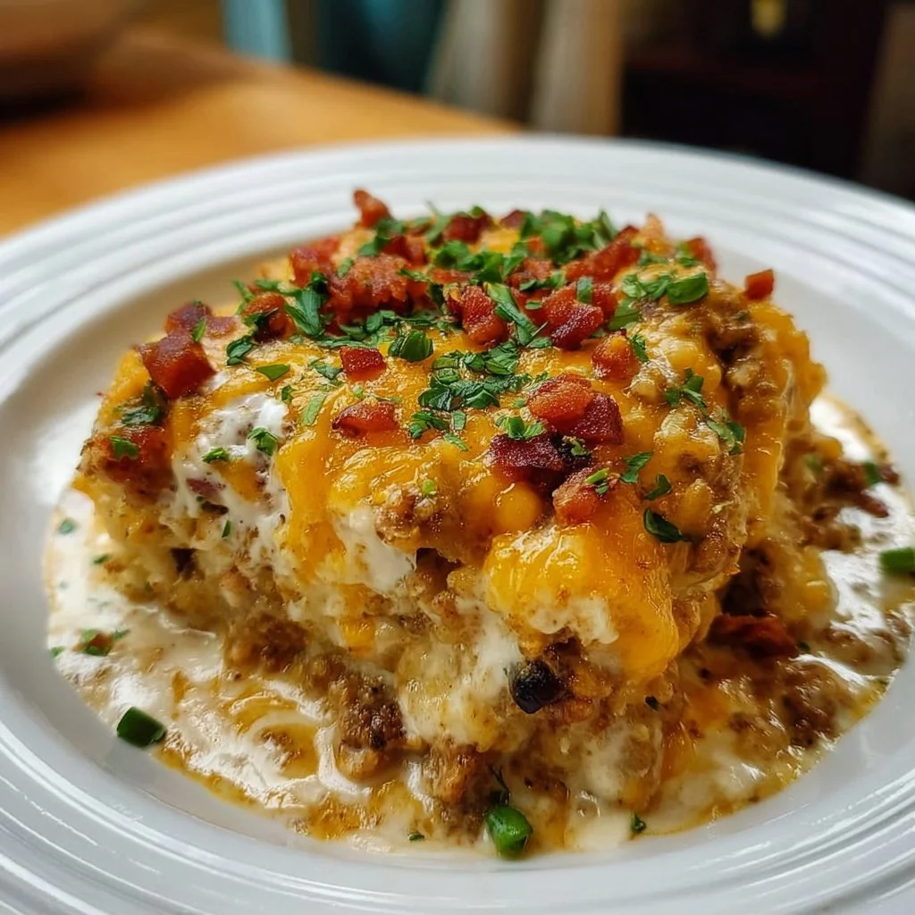 Delicious Cowboy Casserole served in a rustic dish, perfect for a hearty meal.