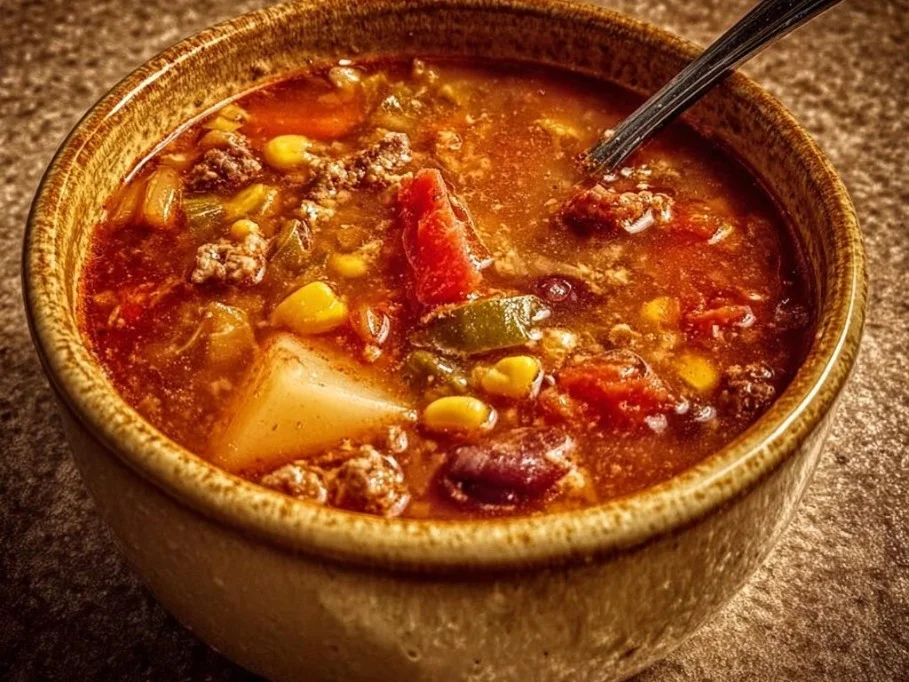 Bowl of delicious Cowboy Soup with beans, corn, and spices