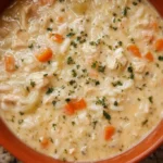 Bowl of creamy chicken and rice soup garnished with herbs