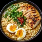 Bowl of creamy garlic chicken ramen topped with green onions and herbs
