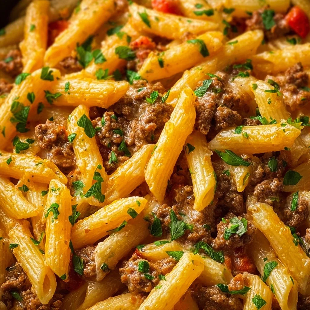Creamy high protein beef pasta served in a bowl with herbs and cheese