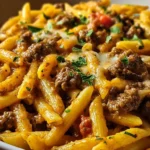 Creamy high protein beef pasta dish served in a bowl with garnishes