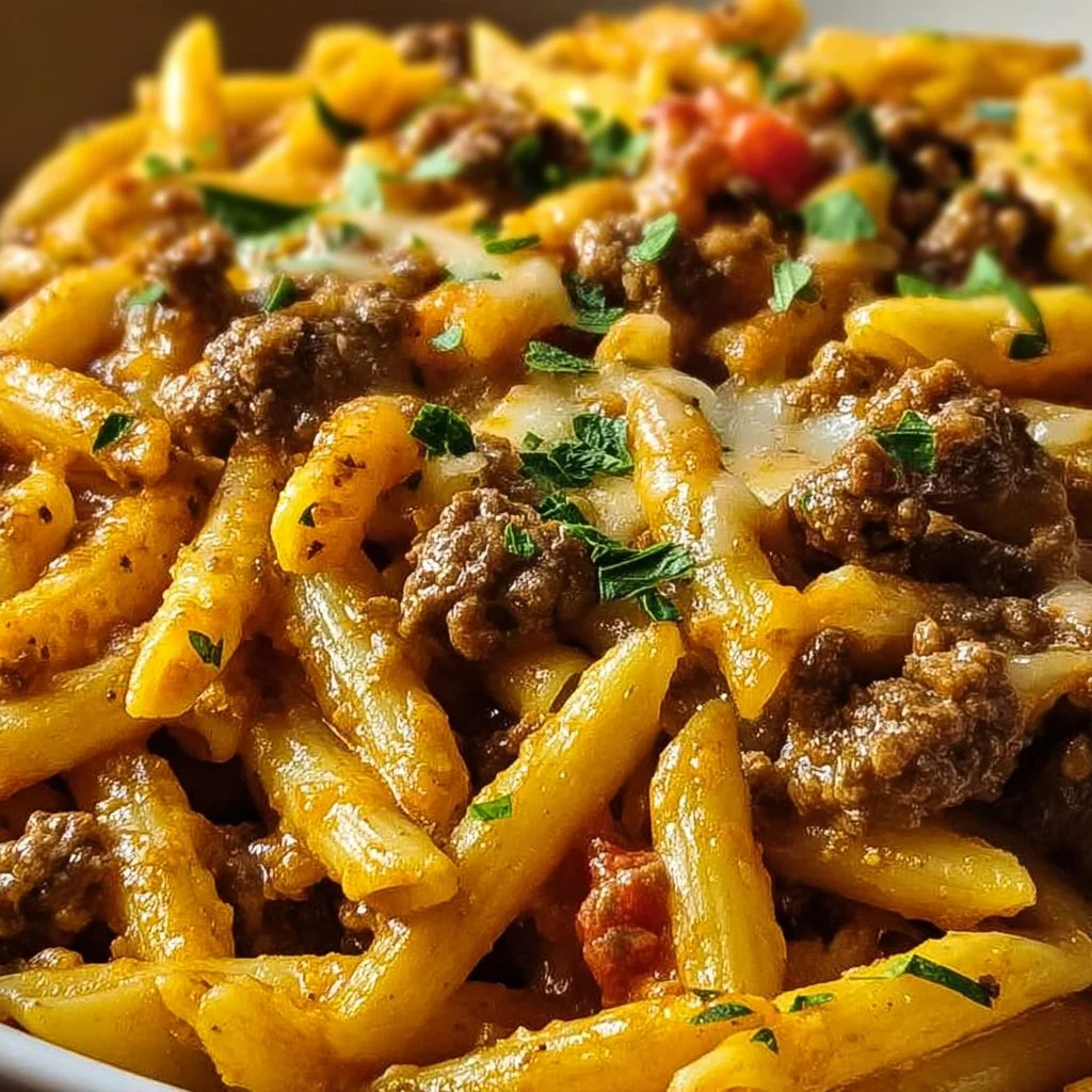 Creamy high protein beef pasta dish served in a bowl with garnishes