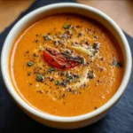 Creamy roasted garlic tomato soup garnished with fresh herbs