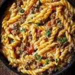 Creamy Rotel pasta with ground beef served in a bowl for dinner