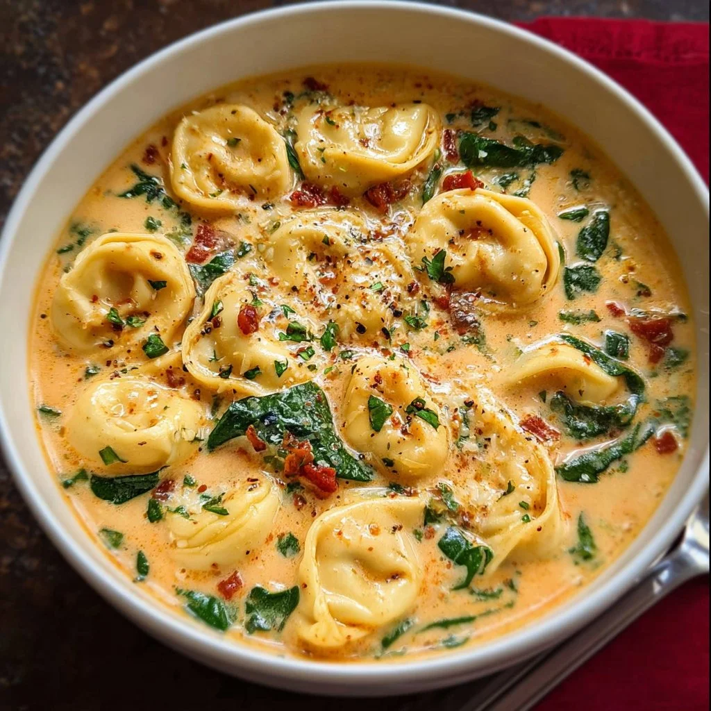 Creamy Tuscan garlic tortellini soup in a bowl with fresh herbs on top