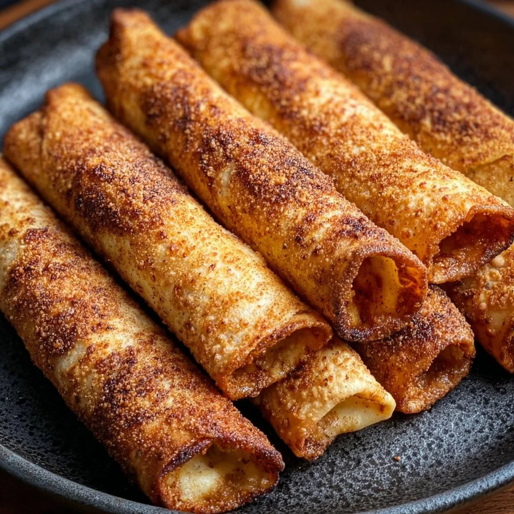 Crispy air fryer apple pie taquitos served on a plate with caramel drizzle