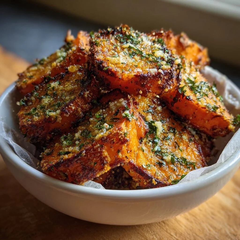 Crispy baked sweet potato bites topped with parmesan herb butter on a plate