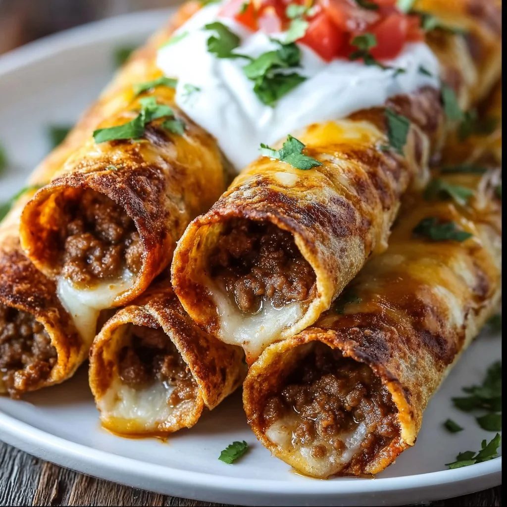 Plate of crispy cheesy beef taquitos garnished with cilantro and served with salsa