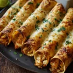Delicious crispy chicken taquitos garnished with fresh toppings.