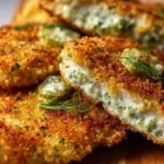 Crispy Dill Pickle Parmesan Chicken plated with fresh herbs
