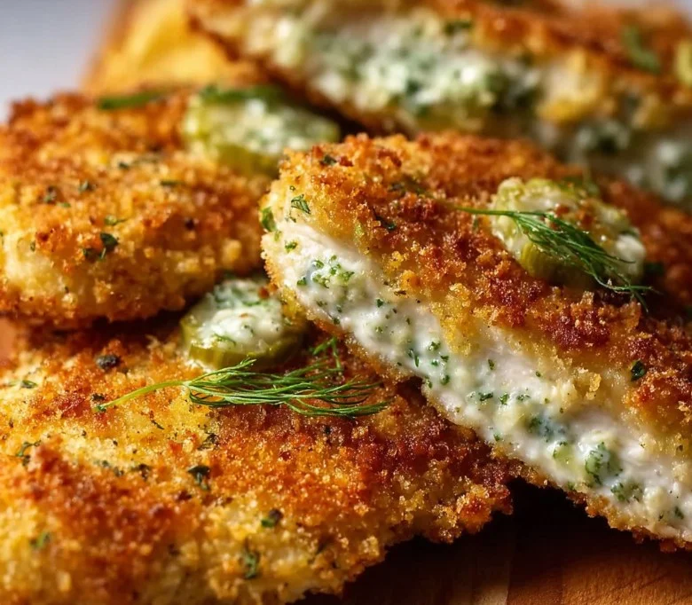Crispy Dill Pickle Parmesan Chicken plated with fresh herbs