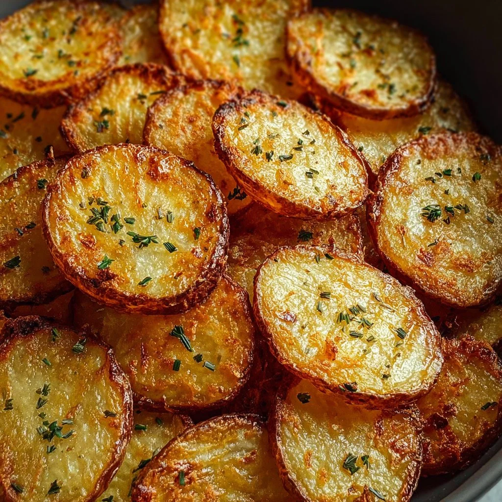 Plate of crispy oven baked sliced potatoes seasoned golden brown