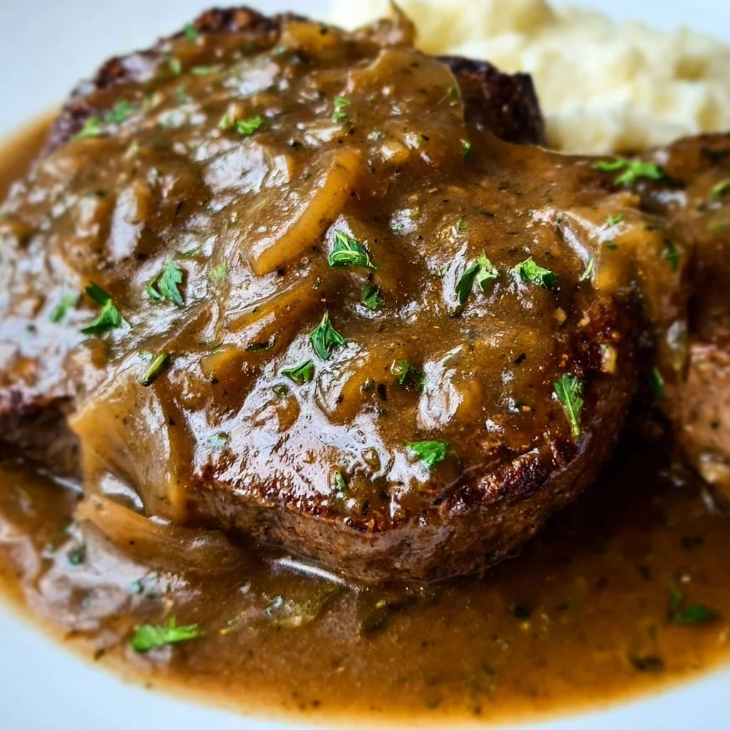 Crock Pot cube steak simmering in delicious gravy, served on a plate