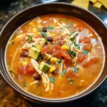 Bowl of Crockpot Chicken Tortilla Soup garnished with tortilla strips and cilantro.