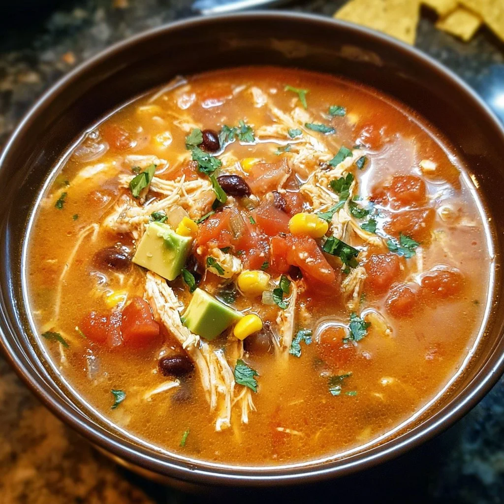 Bowl of Crockpot Chicken Tortilla Soup garnished with tortilla strips and cilantro.