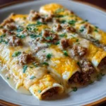 Plate of delicious breakfast enchiladas topped with sausage gravy