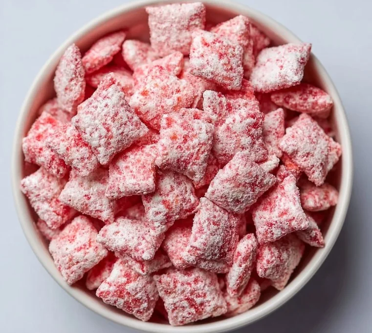 Bowl of strawberry shortcake puppy chow with strawberries on top