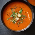 Bowl of easy creamy tomato soup garnished with fresh basil and croutons
