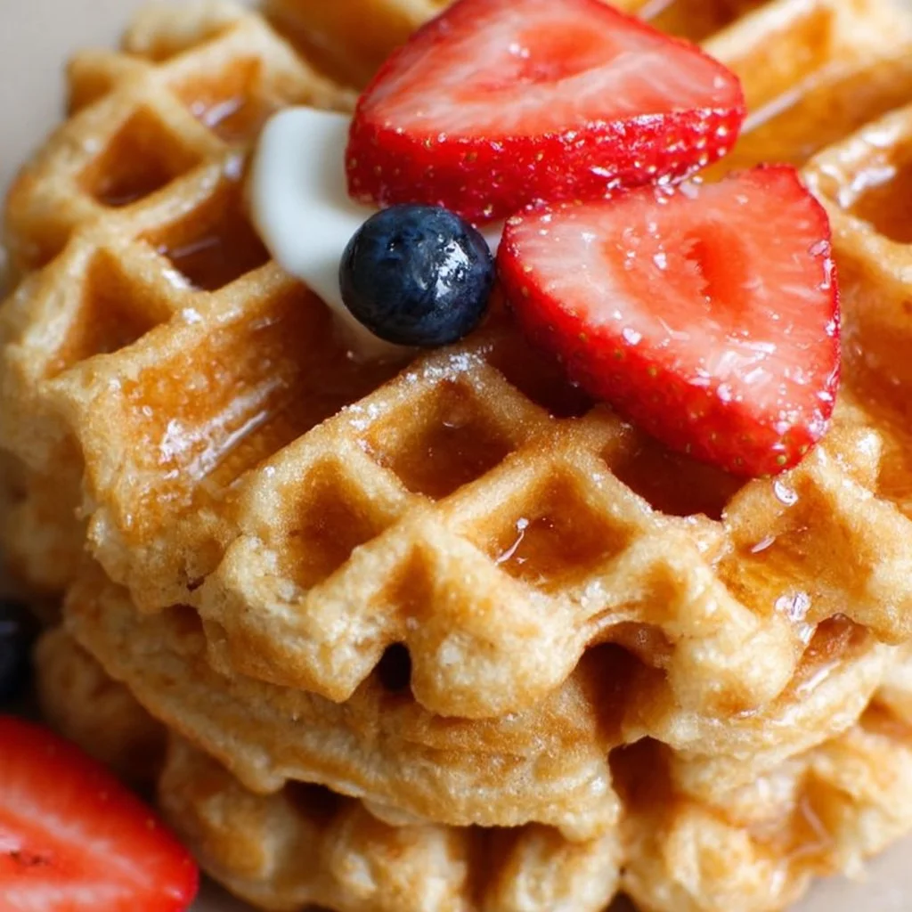 Healthy protein waffles topped with fruits and syrup on a plate