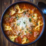 Bowl of easy lasagna soup topped with cheese and herbs