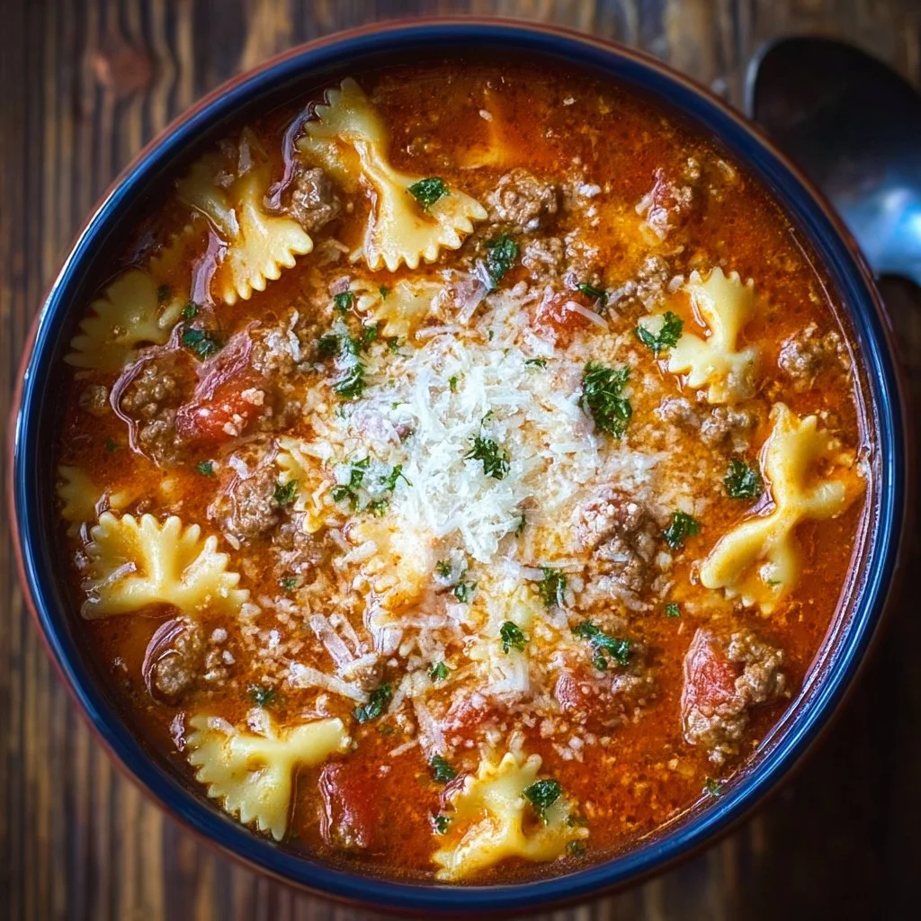 Bowl of easy lasagna soup topped with cheese and herbs