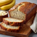 Loaf of easy moist banana bread with ripe bananas on a wooden table