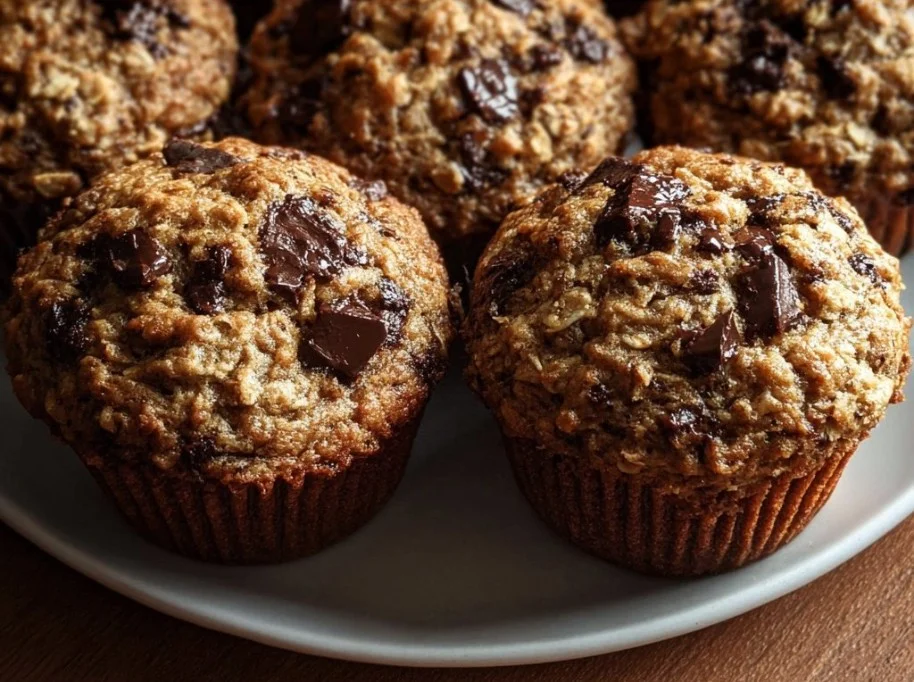 Three delicious oatmeal chocolate chip muffins on a plate