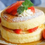Fluffy Japanese soufflé pancakes served with syrup and berries