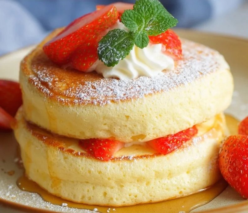 Fluffy Japanese soufflé pancakes served with syrup and berries