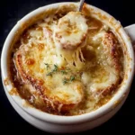 Delicious bowl of homemade French Onion Soup topped with melted cheese