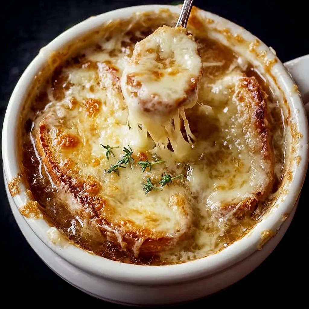 Delicious bowl of homemade French Onion Soup topped with melted cheese
