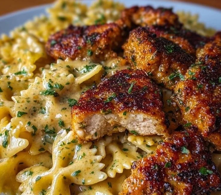 Delicious Garlic Butter Chicken served with Bowtie Pasta